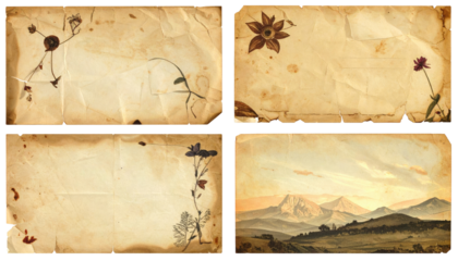Four aged, rectangular compositions. Three feature sketched flowers, grasses. One showcases a watercolor landscape with mountains