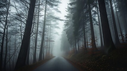 Naklejka premium Misty Forest Road Path Through Tall Trees in Foggy Weather.