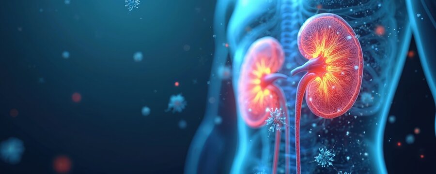 Human kidney cross-section digital art. Red and yellow glowing internal structures. Blue transparent human torso outline. Microscopic particles float in dark void.