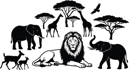 African wildlife silhouette illustration featuring lion, elephant, giraffe, antelope, savanna trees, birds, nature landscape, safari animals collection artwork © Creatives World