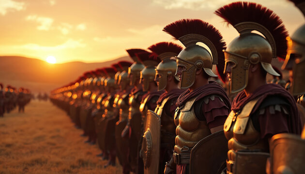 Roman soldiers in full armor stand in formation at sunset. Warriors ready for battle on dusty field. Ancient legionaries marching, demonstrating discipline and strength.