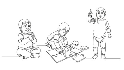 High-Quality Black Continuous Line Art of Toddlers Clapping, Building Puzzles, and Pointing, Early Childhood Play Illustrations