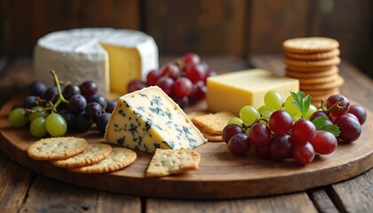Gourmet cheese platter with brie blue cheese and cheddar served with grapes crackers on wood table. Appetizer board with various dairy types ready for party snack.