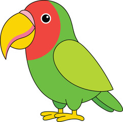 Colorful parrot illustration, cute tropical bird cartoon, bright green red yellow feathers, exotic pet character, playful vector design for kids
