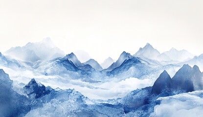 Obraz premium Abstract background with mountains and waves in blue, white, and gray colors in the style of Chinese painting. High-resolution, detailed illustration, watercolor art, high detail, vector artwork