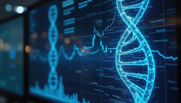 Holographic DNA helix displays on screen with data charts and graphs. Futuristic medical interface shows genetic sequence analysis. Digital lab equipment informs scientific research progress. - Powered by Adobe