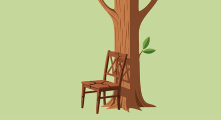 Abandoned wooden chair outdoors, broken chair outdoors with human impact nature and neglected outdoor furniture, suitable for poster design, article header, and environmental concept illustration.