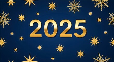 Happy New Year 2025 Gold Typography with Snowflakes on Festive Blue Background