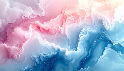 Captivating abstract art depicting a serene blend of pastel blue, soft pink, and white, flowing in a mesmerizing organic gradient reminiscent of gentle clouds or fluid marble patterns