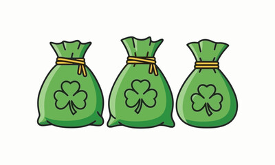 Three green money bags adorned with shamrocks, symbolizing good fortune and wealth, isolated on a white background