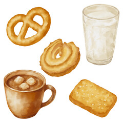 Watercolor butter cookies, milk and hot chocolate  illustration for winter season. Yummy cookies and drinks for  end season holidays. 