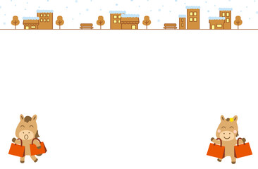 雪景色の街並みと笑顔で買い物をする馬たちのフレーム_横