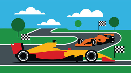 A high speed race between two colorful formula cars on a flat design circuit track illustration