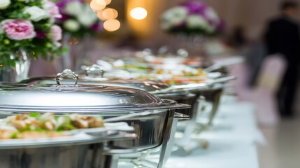 catering. Elegant wedding catering table featuring gourmet dishes on silver platters with floral accents. menu design, packaging mockups, designed for culinary blogs and recipe cards for restaurants.
