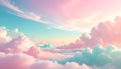 Dreamy Pastel Sky Background with Fluffy Clouds in Pink and Teal Hues