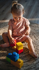 Naklejka premium Young girl playing with colorful blocks on a textured rug indoors.