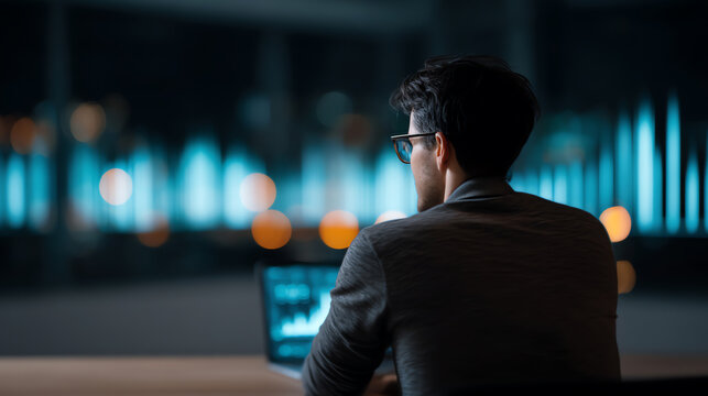 A man wearing glasses works on a laptop in a dimly lit environment with blurred blue and orange lights in the background, suggesting a focus on technology or data analysis - Powered by Adobe