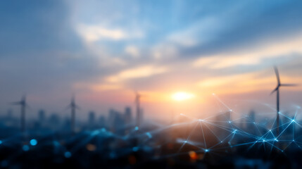 Sunset over a city skyline with wind turbines and a digital network overlay, symbolizing renewable energy and smart technology integration