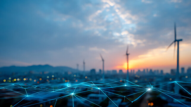 Sunset over a city with wind turbines and a digital network overlay symbolizing renewable energy and smart technology integration in an urban environment