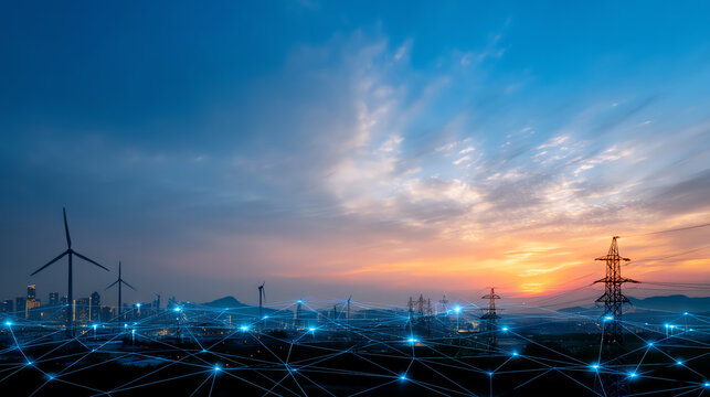Sunset over a cityscape with wind turbines and power lines connected by a glowing digital network, symbolizing smart energy and modern technology integration