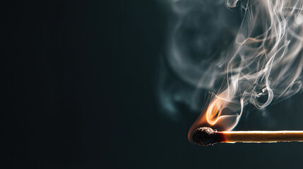 Burning matchstick with smoke trails on a dark background