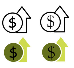 Up dollar icon with clean modern design, symbolizing financial growth, rising income, increased profit, positive economy, investment success, and market improvement

