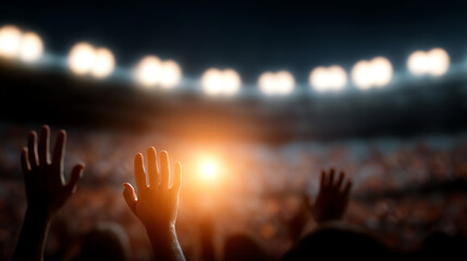 Raised hands of an enthusiastic crowd at a brightly lit stadium event, capturing the energy and excitement of a live sports or concert gathering