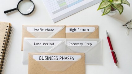Business Phases Concept on Desk with Envelopes for Profit, Loss, Return, and Recovery in Office Environment