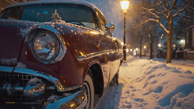 A vintage red car parked on a snowy street under a glowing streetlamp on a winter night.