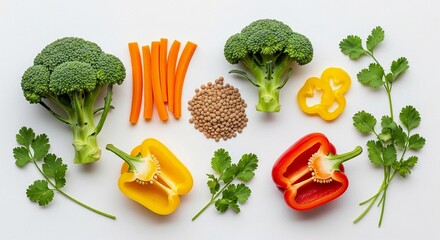 Flat lay composition of plant-based healthy foods including broccoli, carrots, bell peppers, lentils, and herbs