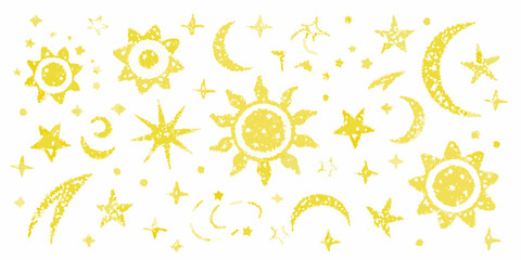 Golden celestial shapes suns moons and stars in a childlike drawing style