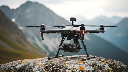Drone on Mountain Rock with Camera in Nature Landscape