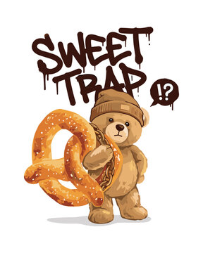 Vector illustration of a cute teddy bear wearing a beanie, carrying a large pretzel and looking quizzically with sweet trap graffiti art style