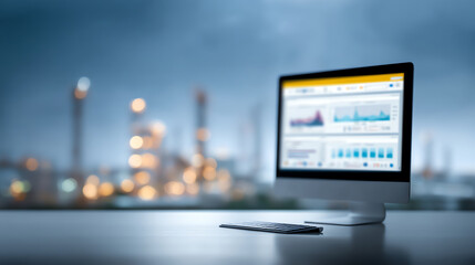 A desktop computer displays data analytics on a screen with a blurred industrial facility in the background, suggesting monitoring or analysis of industrial operations