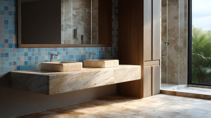 Modern bathroom with dual stone sinks, wooden cabinetry, blue mosaic tile wall, and a glass shower overlooking green palm leaves outside