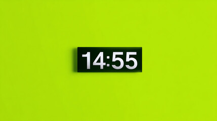 Digital clock showing 14:55 on a small black display against a bright lime green background, highlighting a modern and minimalistic timepiece design