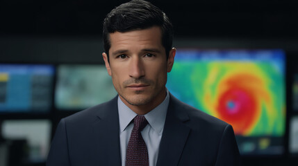 Serious male news anchor in a suit reports live with a colorful hurricane map displayed on multiple screens behind him in a dark studio setting