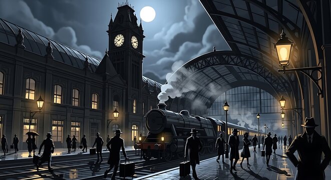 Vintage Train Station at Night with Steam Train and Travelers.