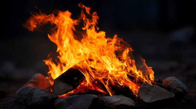 Bright orange flames engulf logs in a campfire surrounded by rocks, set against a dark, blurred background