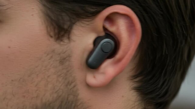 Close-up of a man using Bluetooth headphones, representing wireless audio technology, convenience, and modern lifestyle.
