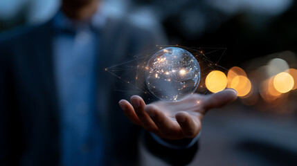A person holds a glowing digital globe with interconnected points, symbolizing global connectivity and technology in a blurred, dark background with warm bokeh lights