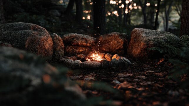 Small campfire burns brightly surrounded by large stones in a dark forest setting