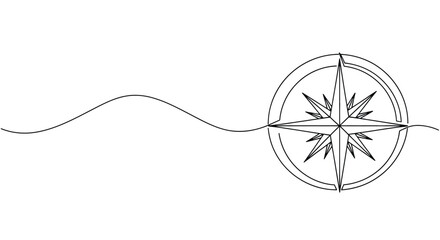 Minimalist continuous line drawing of a compass rose with a flowing wavy line representing direction and journey © Line Home