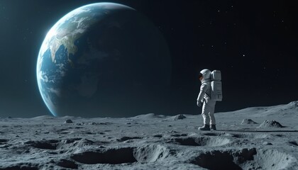 Astronaut stands on moon surface gazing at Earth. Space explorer in suit views home planet from lunar terrain. Stars twinkle in dark sky above.
