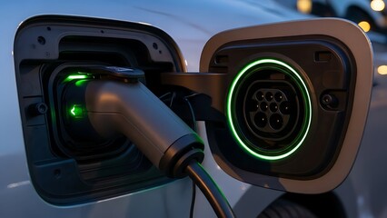 Electric Car Charging Station CloseUp at Night