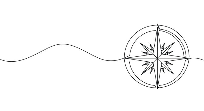 Minimalist continuous line drawing of a compass rose with a flowing wavy line representing direction and journey