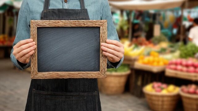 Marketplace Announcement: A vendor holds a blank wooden framed chalkboard, offering ample space for customization amidst a bustling outdoor produce market.