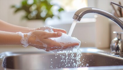 Hands Covered in Soap Lather Washing Under Running Water in a Sink