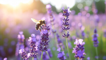 Honeybee Pollinating Vibrant Purple Lavender Flowers at Golden Hour
