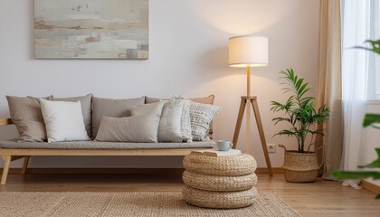 Modern Neutral Living Room with Wooden Sofa and Natural Decor Elements